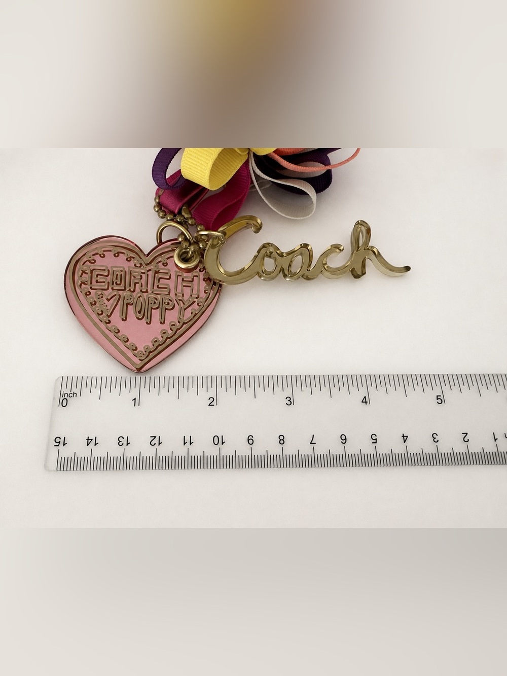 Coach Poppy Heart Ribbon Pom Bag Charm Keychain - Picture 8 of 8